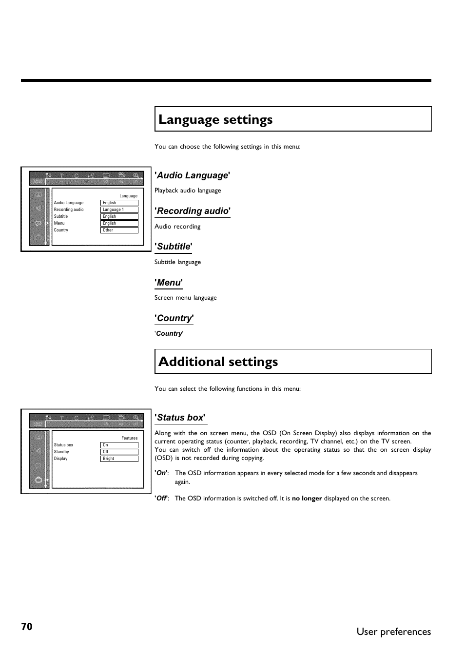 Language settings, Additional settings, Additionalsettings | User preferences, Audio language, Recording audio, Subtitle, Menu, Country, Status box | Philips DVDR75/021 User Manual | Page 76 / 87