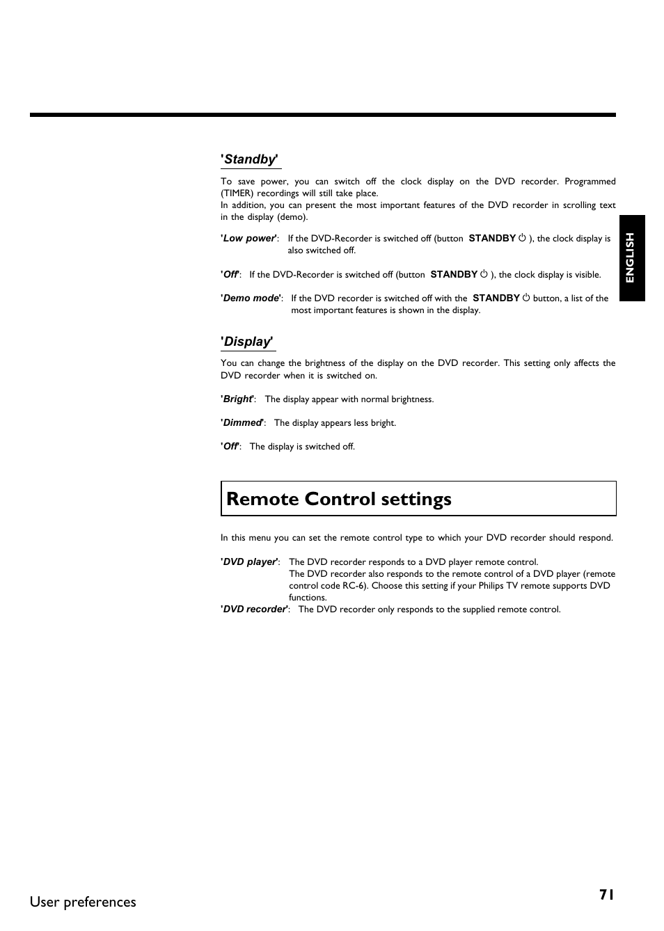 Remote control settings, Remote controlsettings, User preferences | Philips DVDR75/021 User Manual | Page 77 / 87