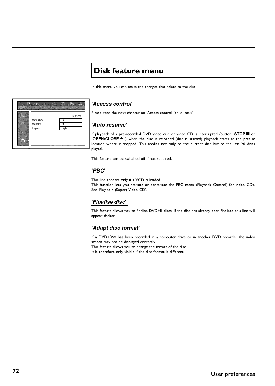 Disk feature menu, User preferences | Philips DVDR75/021 User Manual | Page 78 / 87