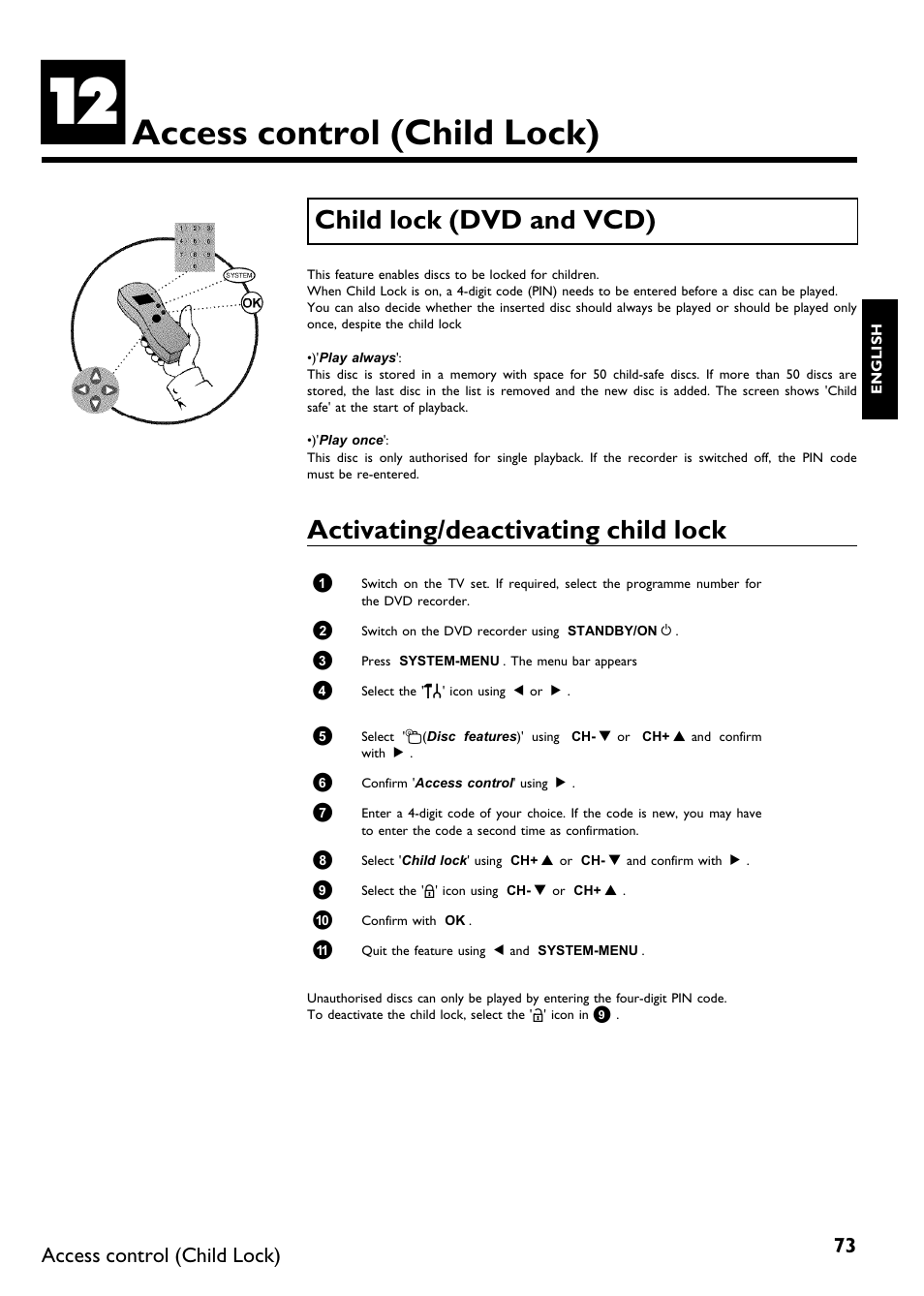 Access control(child lock), Child lock (dvd and vcd), Activating/deactivating child lock | Philips DVDR75/021 User Manual | Page 79 / 87