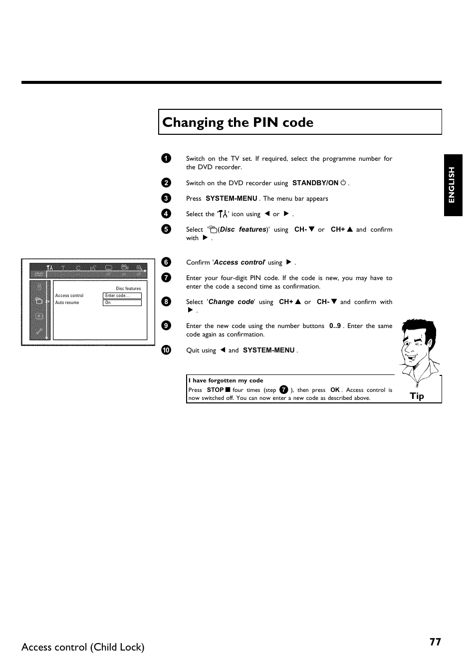 Changing the pin code, Access control (child lock) | Philips DVDR75/021 User Manual | Page 83 / 87