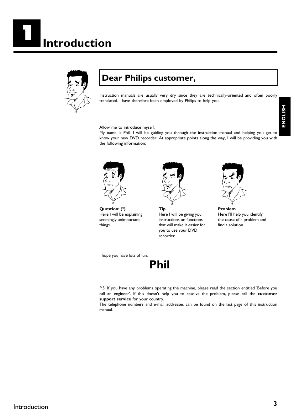 Introduction, Dear philips customer, Phil | Philips DVDR75/021 User Manual | Page 9 / 87