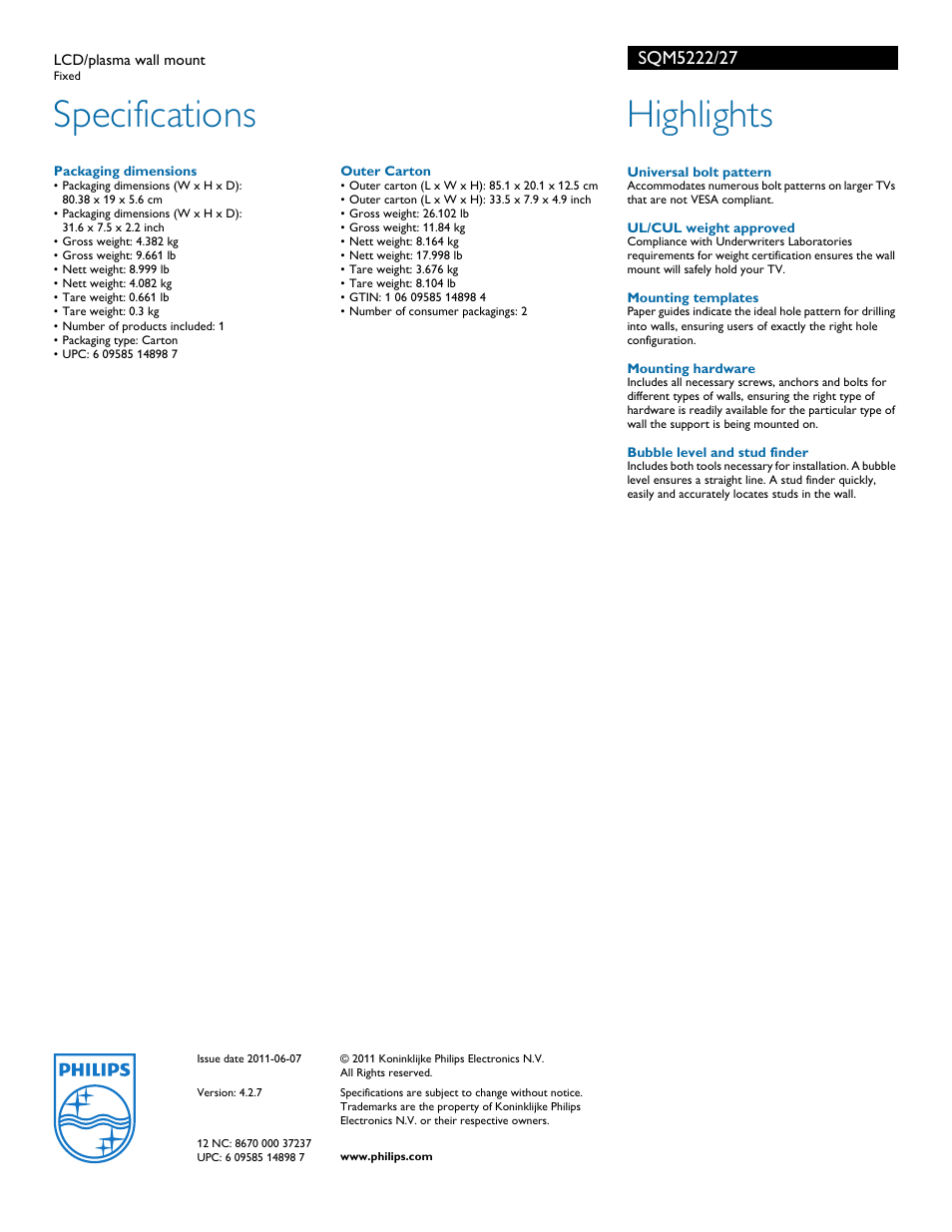 Specifications, Highlights | Philips SQM5222 User Manual | Page 2 / 2