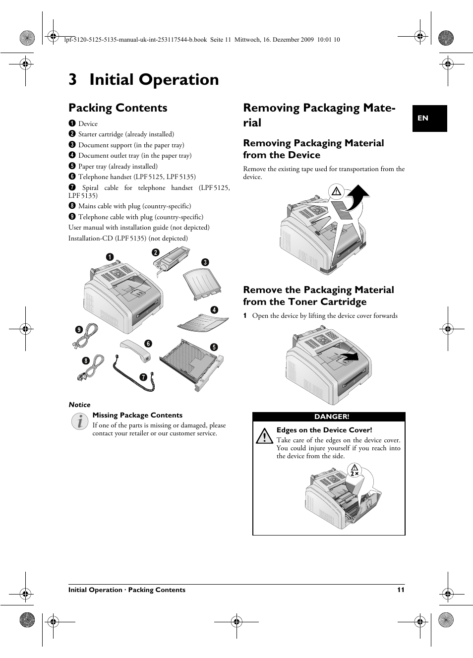 3 initial operation, Packing contents, Removing packaging material | Removing packaging material from the device, Packing contents removing packaging material, Removing packaging mate- rial | Philips Laserfax LPF 5120 User Manual | Page 11 / 68