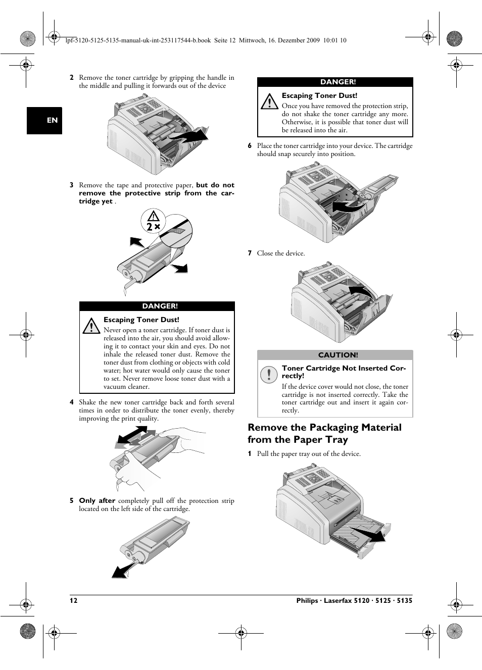 Remove the packaging material from the paper tray | Philips Laserfax LPF 5120 User Manual | Page 12 / 68