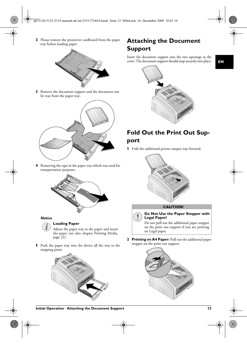 Attaching the document support, Fold out the print out support, Fold out the print out sup- port | Philips Laserfax LPF 5120 User Manual | Page 13 / 68