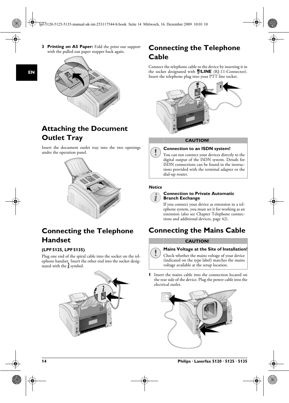 Attaching the document outlet tray, Connecting the telephone handset, Connecting the telephone cable | Connecting the mains cable | Philips Laserfax LPF 5120 User Manual | Page 14 / 68