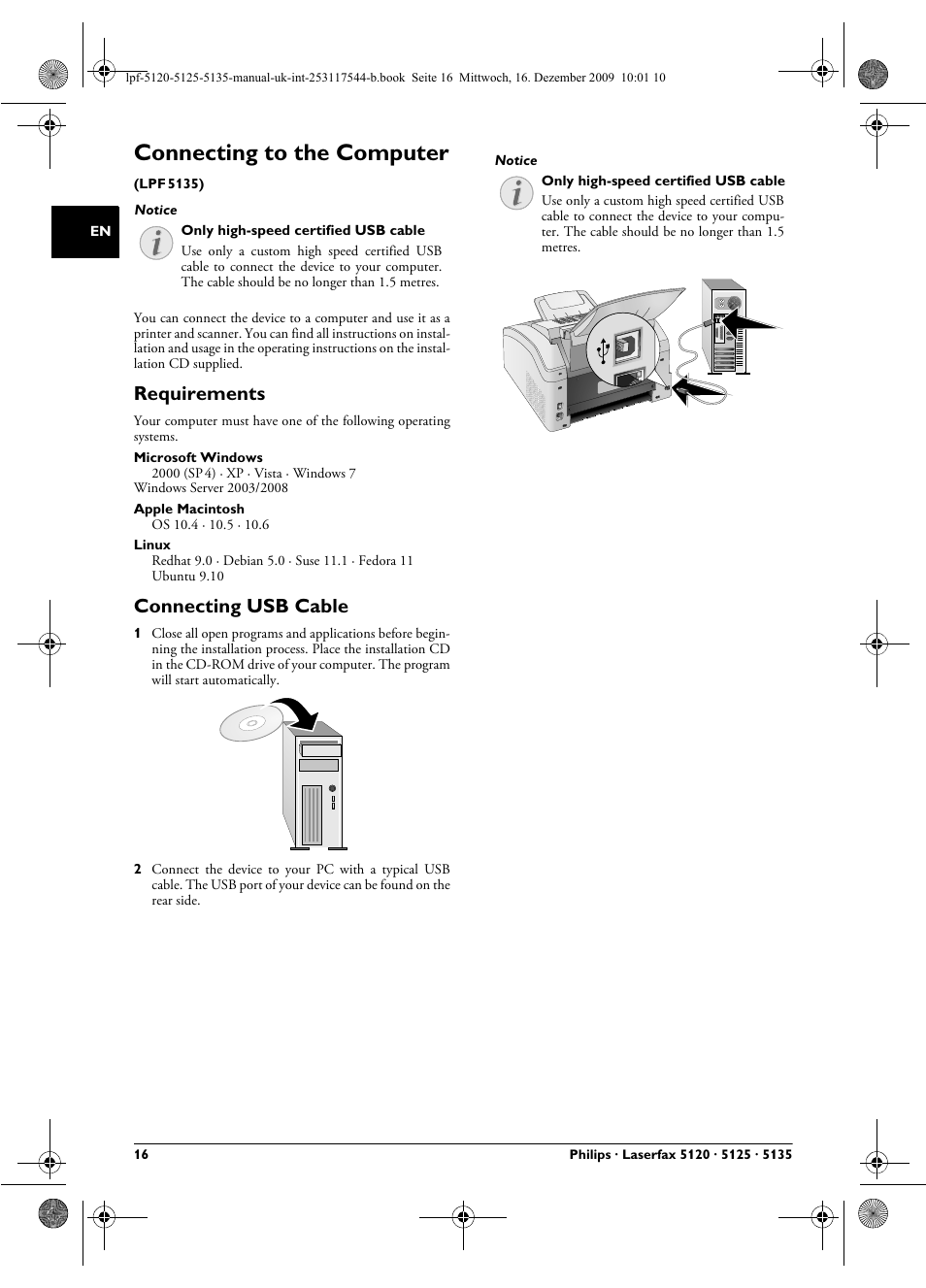 Connecting to the computer, Requirements, Connecting usb cable | Philips Laserfax LPF 5120 User Manual | Page 16 / 68