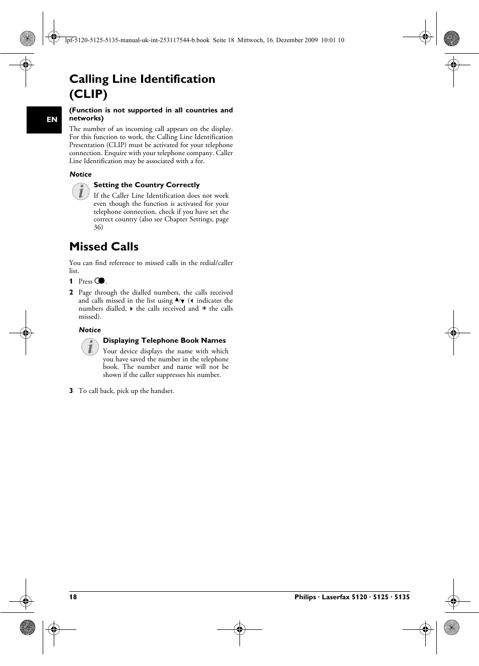 Calling line identification (clip), Missed calls, Calling line identification (clip) missed calls | Philips Laserfax LPF 5120 User Manual | Page 18 / 68