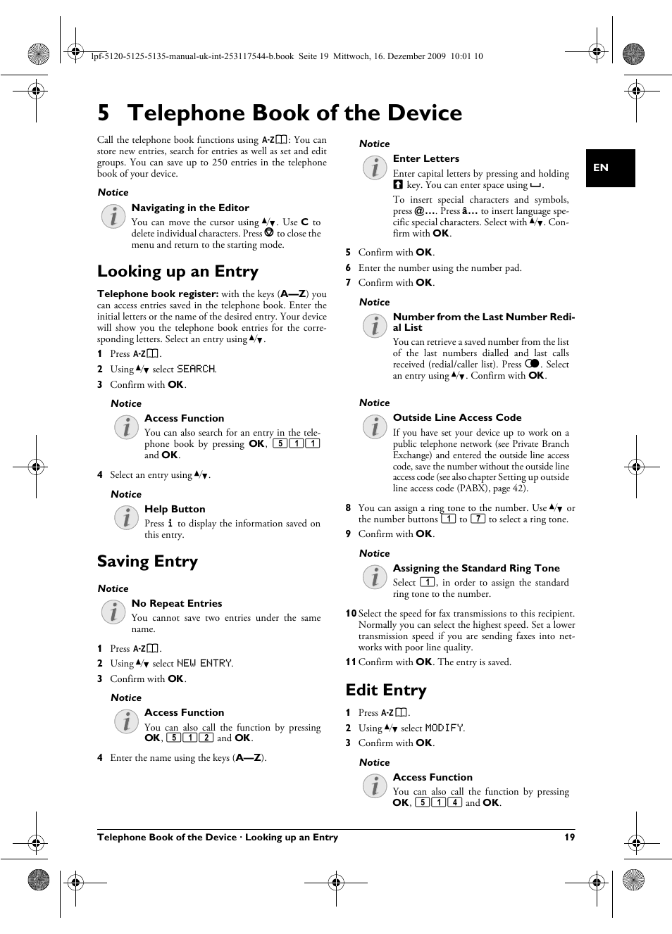 5 telephone book of the device, Looking up an entry, Saving entry | Edit entry, Looking up an entry saving entry edit entry | Philips Laserfax LPF 5120 User Manual | Page 19 / 68