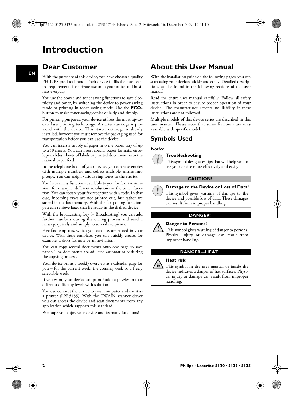 Introduction, Dear customer, About this user manual | Symbols used | Philips Laserfax LPF 5120 User Manual | Page 2 / 68