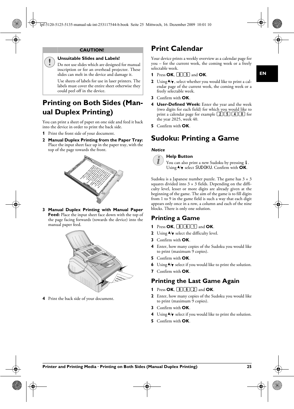 Printing on both sides (manual duplex printing), Print calendar, Sudoku: printing a game | Printing a game, Printing the last game again, E 25, Printing on both sides (man- ual duplex printing) | Philips Laserfax LPF 5120 User Manual | Page 25 / 68