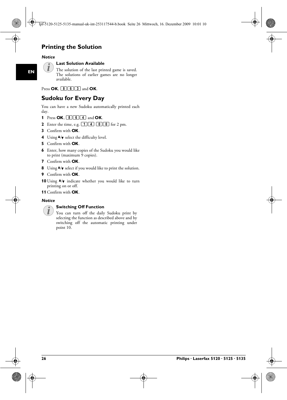 Printing the solution, Sudoku for every day | Philips Laserfax LPF 5120 User Manual | Page 26 / 68