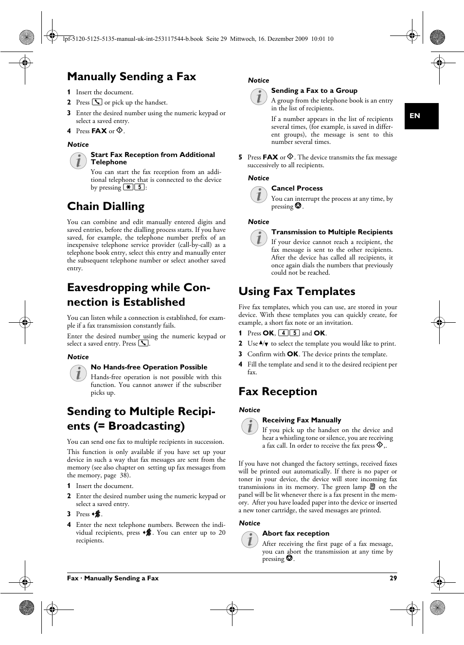 Manually sending a fax, Chain dialling, Eavesdropping while connection is established | Sending to multiple recipients (= broadcasting), Using fax templates, Fax reception, Eavesdropping while con- nection is established, Sending to multiple recipi- ents (= broadcasting) | Philips Laserfax LPF 5120 User Manual | Page 29 / 68