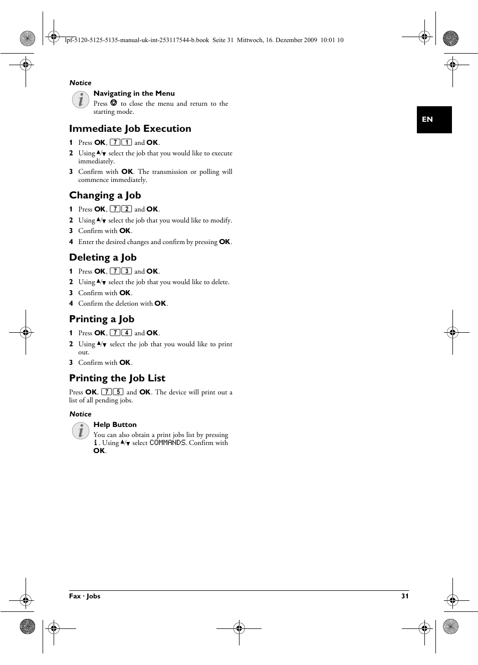 Immediate job execution, Changing a job, Deleting a job | Printing a job, Printing the job list, E 31 | Philips Laserfax LPF 5120 User Manual | Page 31 / 68