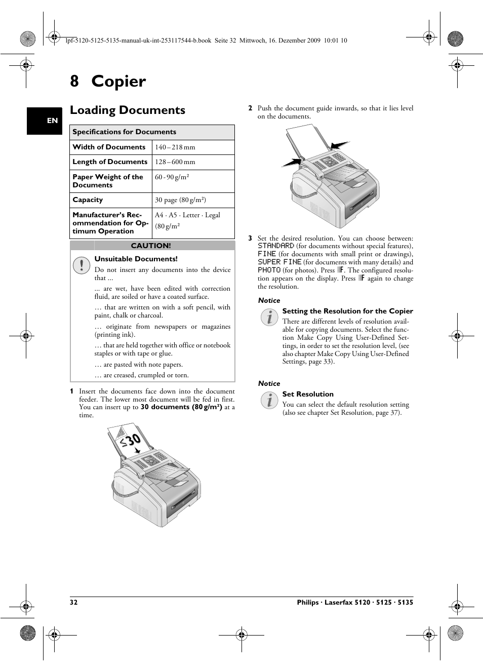 8 copier, Loading documents | Philips Laserfax LPF 5120 User Manual | Page 32 / 68
