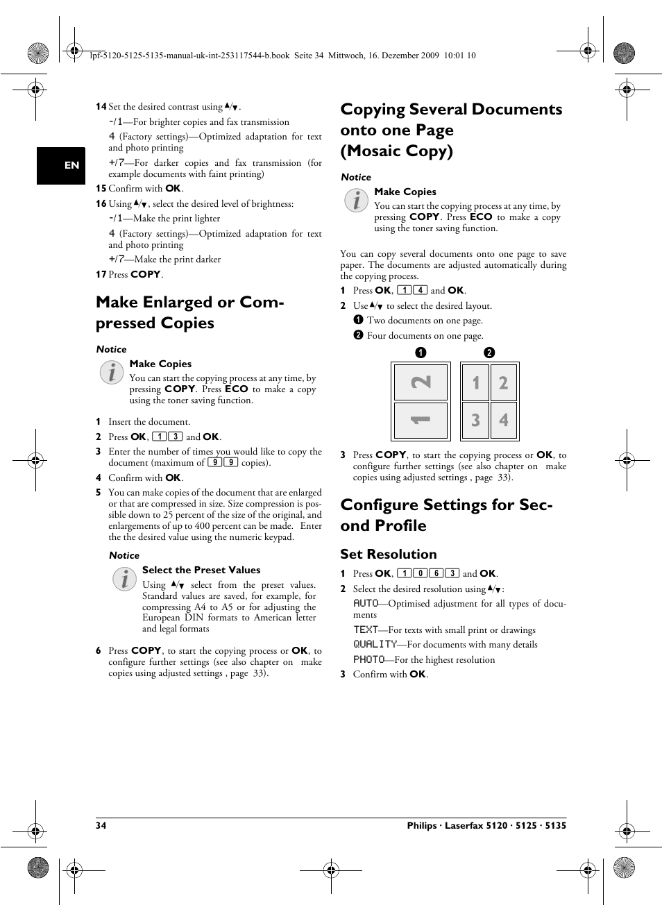 Make enlarged or compressed copies, Configure settings for second profile, Set resolution | Ge 34, Make enlarged or com- pressed copies, Configure settings for sec- ond profile | Philips Laserfax LPF 5120 User Manual | Page 34 / 68