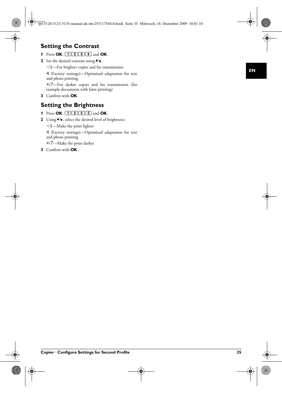 Setting the contrast, Setting the brightness | Philips Laserfax LPF 5120 User Manual | Page 35 / 68