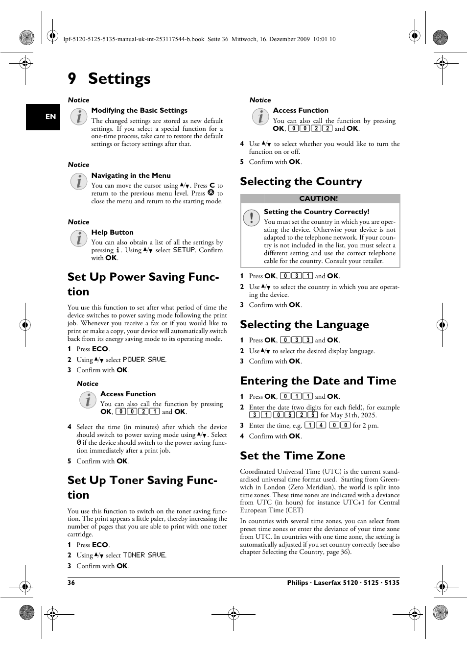 9 settings, Set up power saving function, Set up toner saving function | Selecting the country, Selecting the language, Entering the date and time, Set the time zone, E 36, Ge 36, Age 36 | Philips Laserfax LPF 5120 User Manual | Page 36 / 68