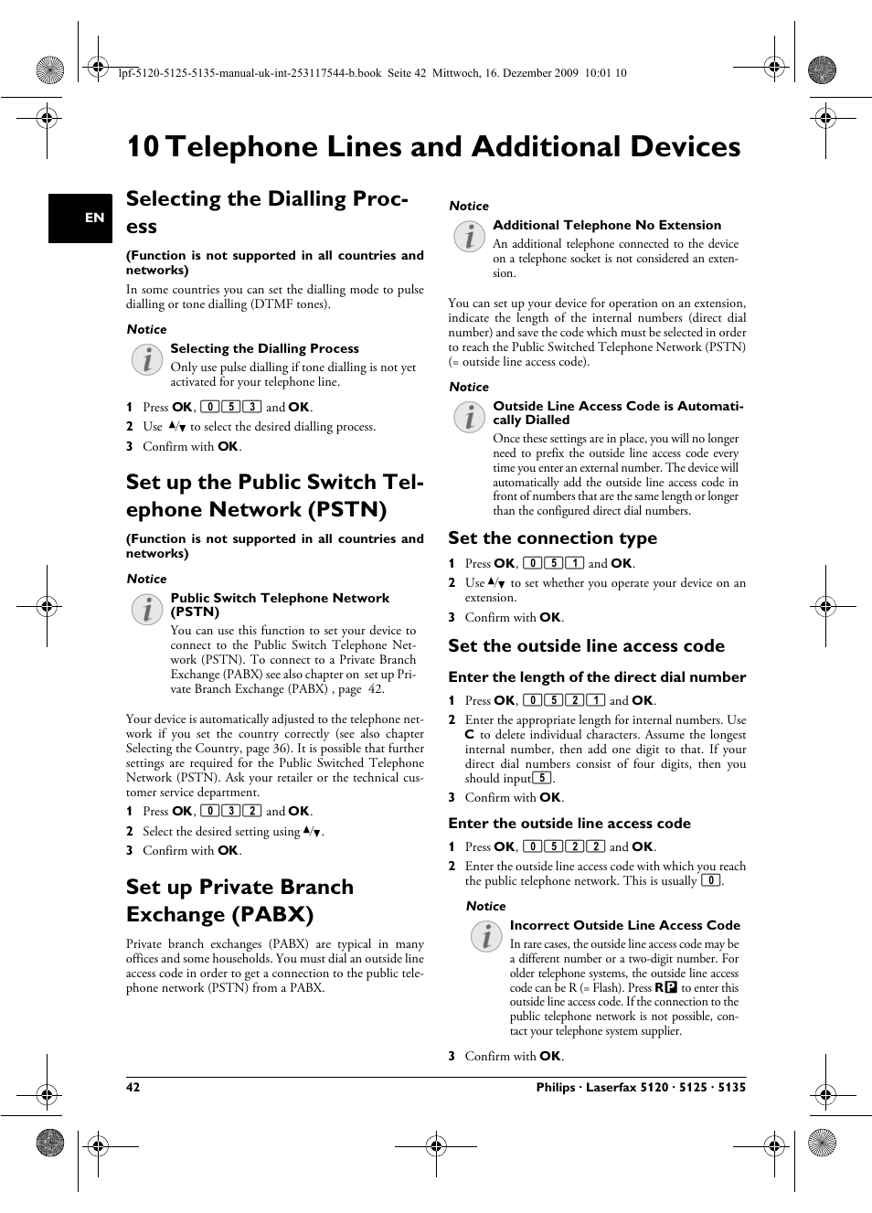 10 telephone lines and additional devices, Selecting the dialling process, Set up the public switch telephone network (pstn) | Set up private branch exchange (pabx), Set the connection type, Set the outside line access code, Ge 42, E 42, Selecting the dialling proc- ess | Philips Laserfax LPF 5120 User Manual | Page 42 / 68