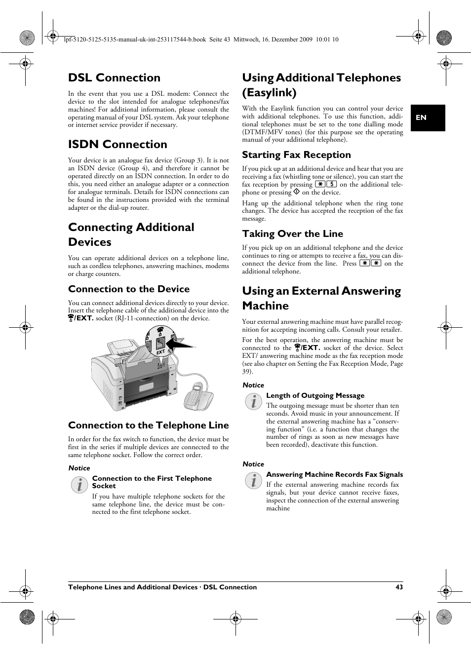 Dsl connection, Isdn connection, Connecting additional devices | Connection to the device, Connection to the telephone line, Using additional telephones (easylink), Starting fax reception, Taking over the line, Using an external answering machine | Philips Laserfax LPF 5120 User Manual | Page 43 / 68