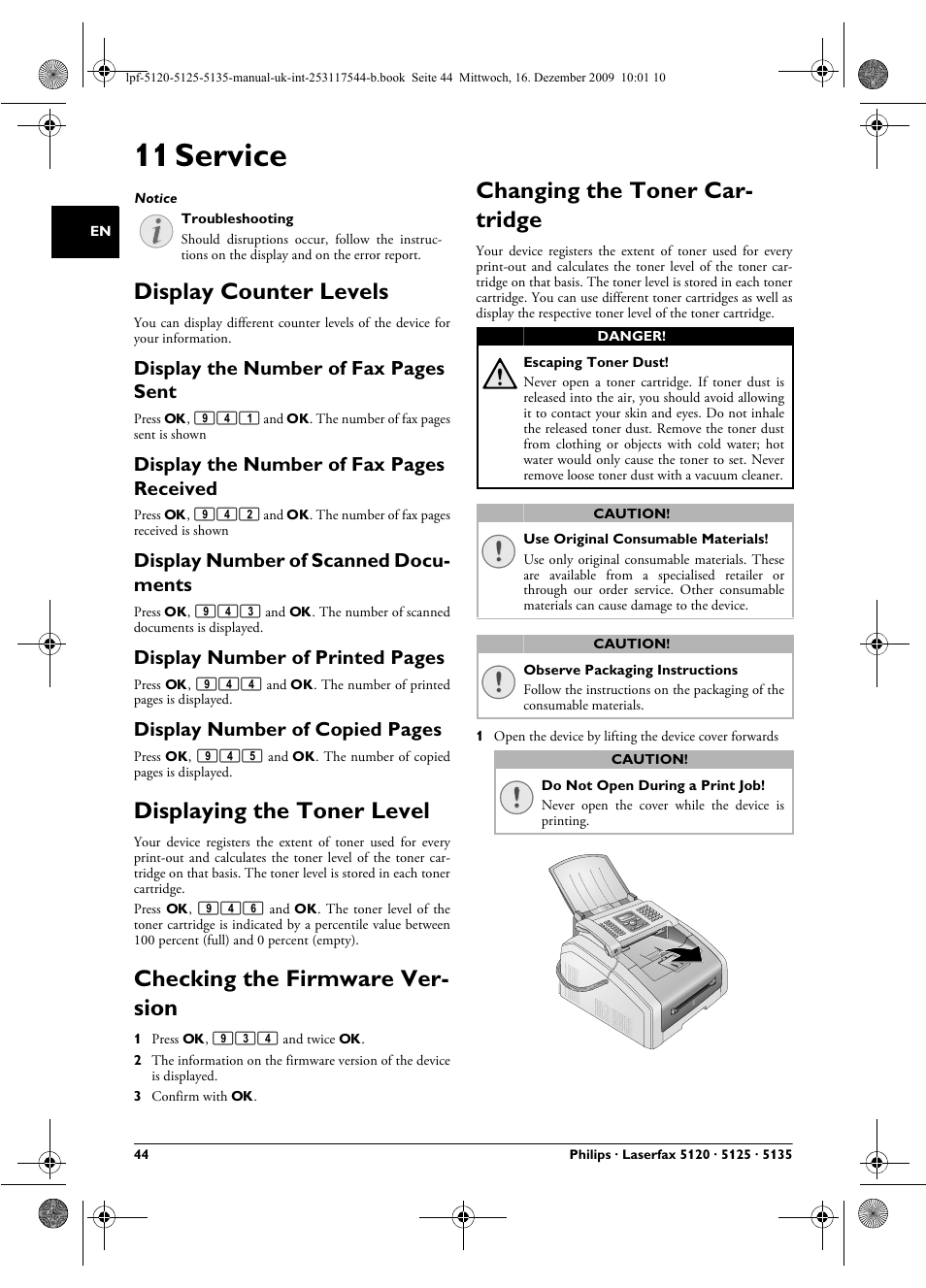 11 service, Display counter levels, Display number of scanned documents | Displaying the toner level, Checking the firmware version, Changing the toner cartridge, Ge 44, Checking the firmware ver- sion, Changing the toner car- tridge, Display the number of fax pages sent | Philips Laserfax LPF 5120 User Manual | Page 44 / 68