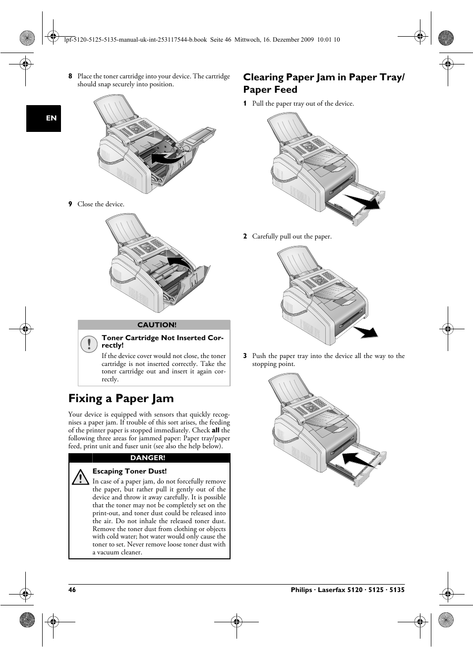 Fixing a paper jam, Clearing paper jam in paper tray/ paper feed | Philips Laserfax LPF 5120 User Manual | Page 46 / 68