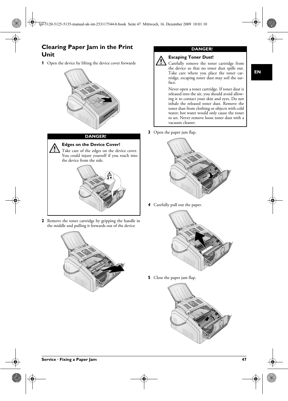 Clearing paper jam in the print unit | Philips Laserfax LPF 5120 User Manual | Page 47 / 68