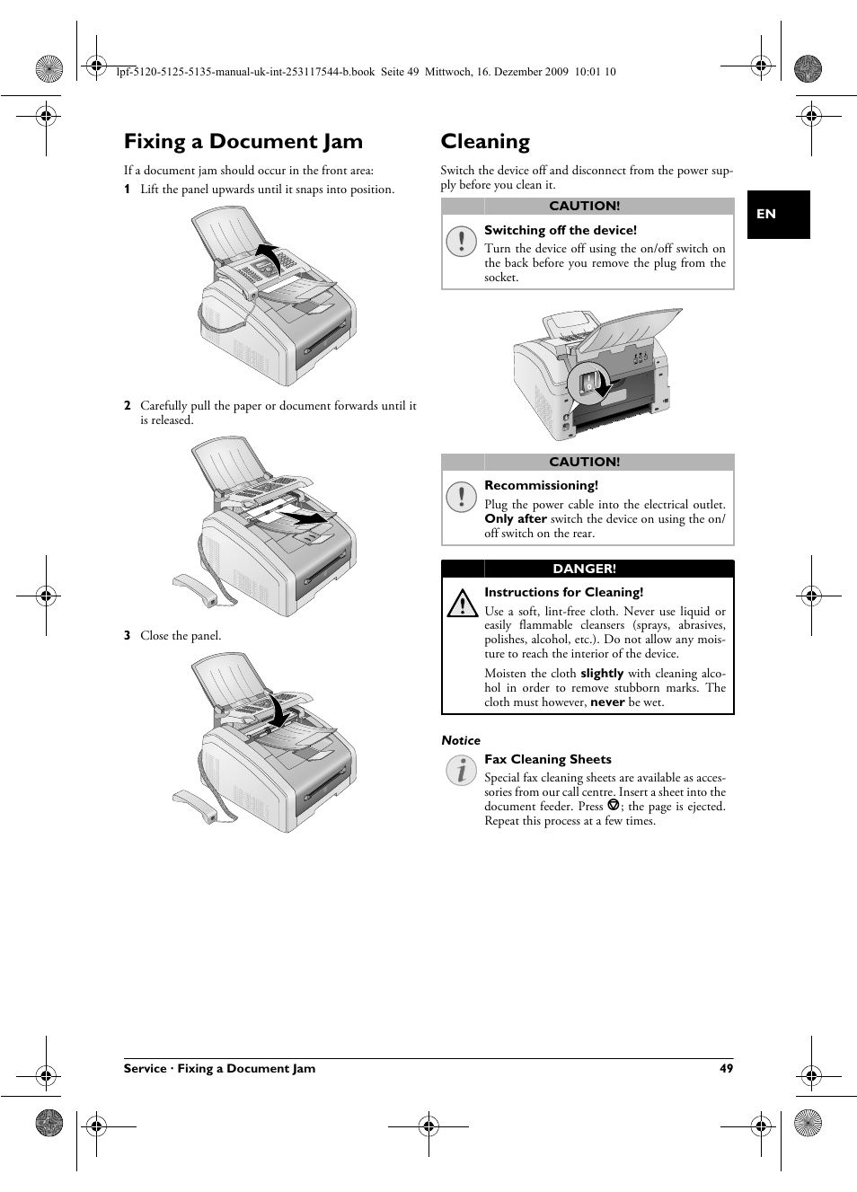 Fixing a document jam, Cleaning, Fixing a document jam cleaning | Philips Laserfax LPF 5120 User Manual | Page 49 / 68