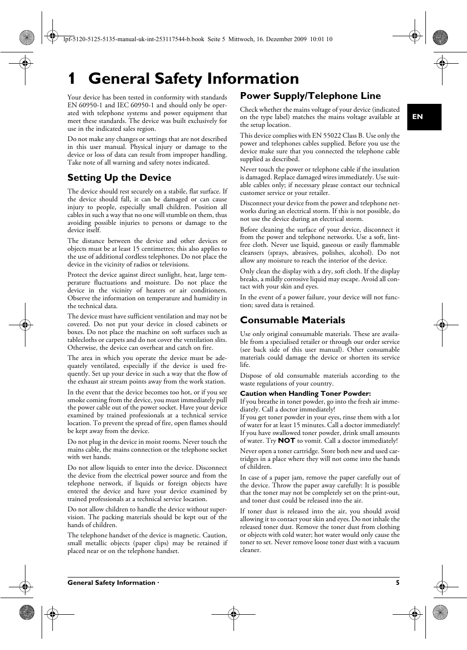 1 general safety information, Setting up the device, Power supply/telephone line | Consumable materials, General safety information · 5 en | Philips Laserfax LPF 5120 User Manual | Page 5 / 68