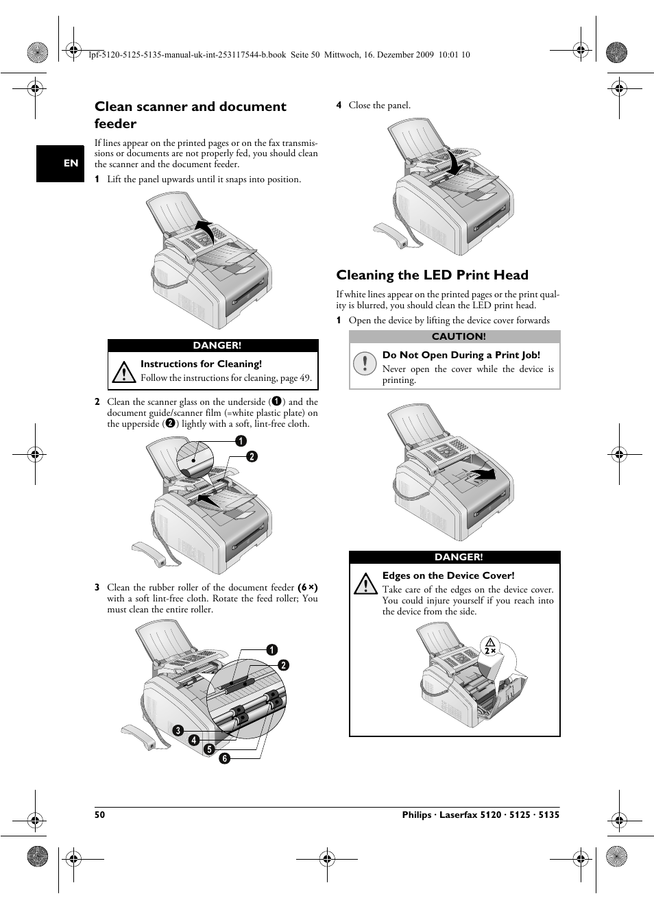 Clean scanner and document feeder, Cleaning the led print head | Philips Laserfax LPF 5120 User Manual | Page 50 / 68