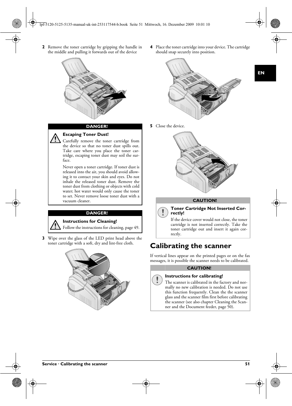 Calibrating the scanner | Philips Laserfax LPF 5120 User Manual | Page 51 / 68