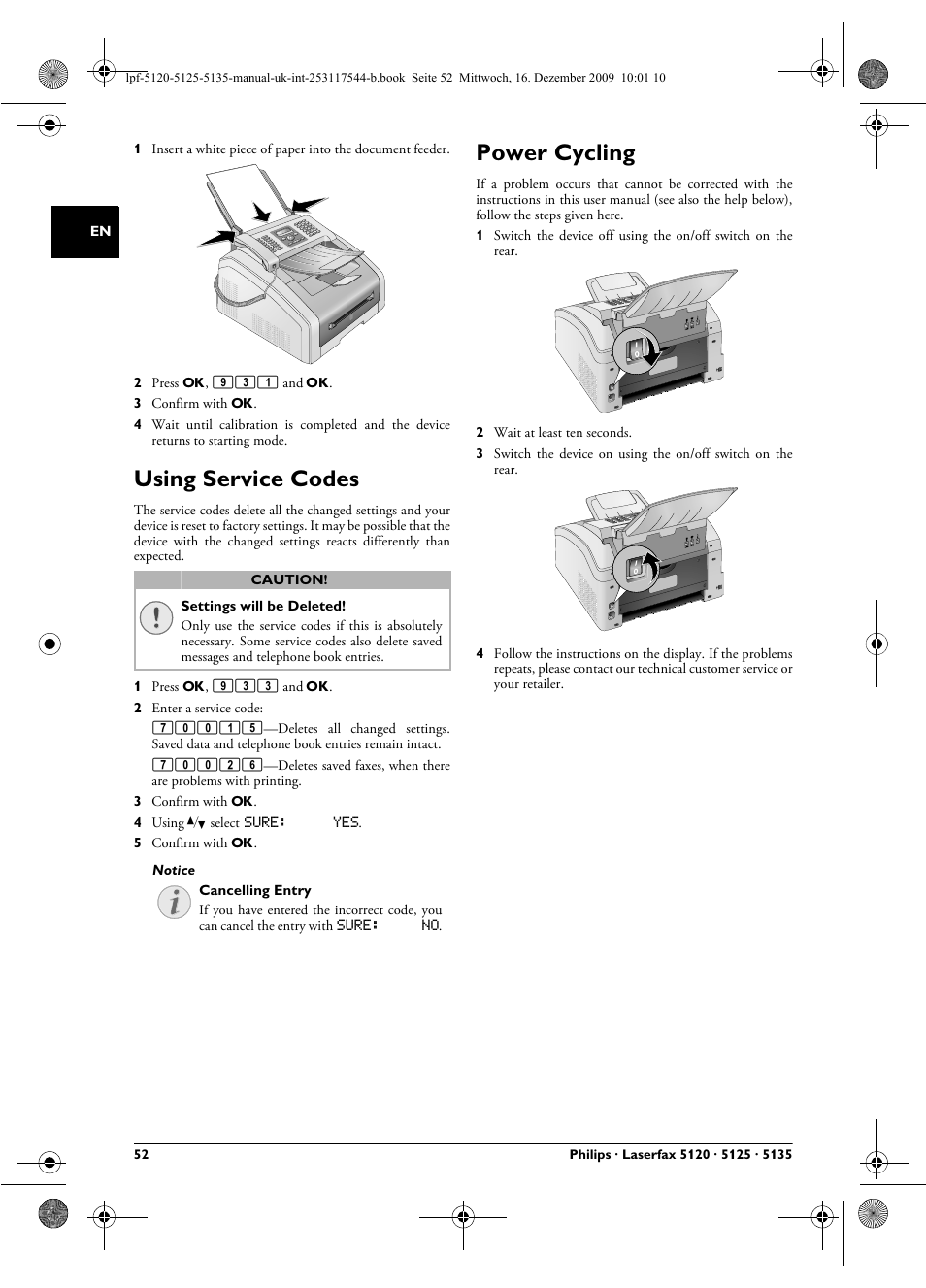 Using service codes, Power cycling, Using service codes power cycling | Philips Laserfax LPF 5120 User Manual | Page 52 / 68