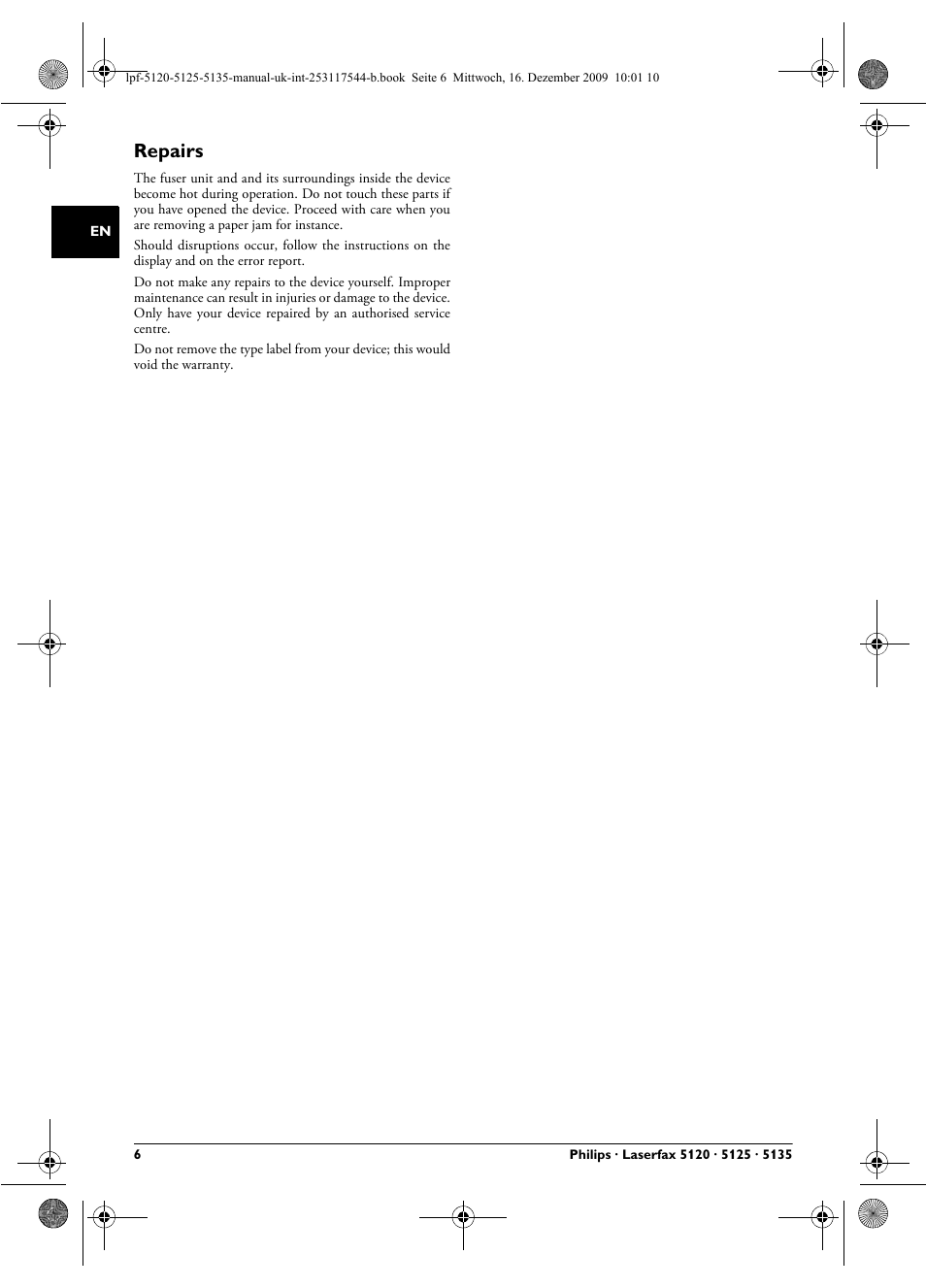 Repairs | Philips Laserfax LPF 5120 User Manual | Page 6 / 68