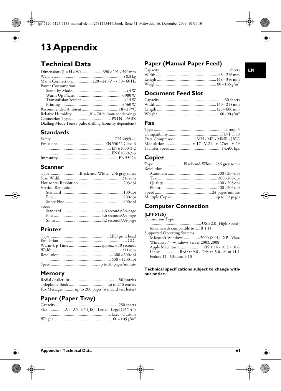 13 appendix, Technical data, Standards | Scanner, Printer, Memory, Paper (paper tray), Paper (manual paper feed), Document feed slot, Copier | Philips Laserfax LPF 5120 User Manual | Page 61 / 68