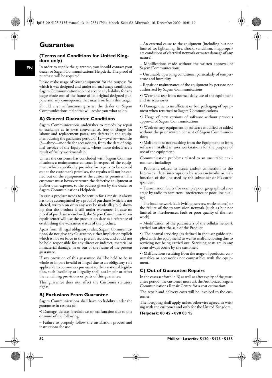 Guarantee | Philips Laserfax LPF 5120 User Manual | Page 62 / 68