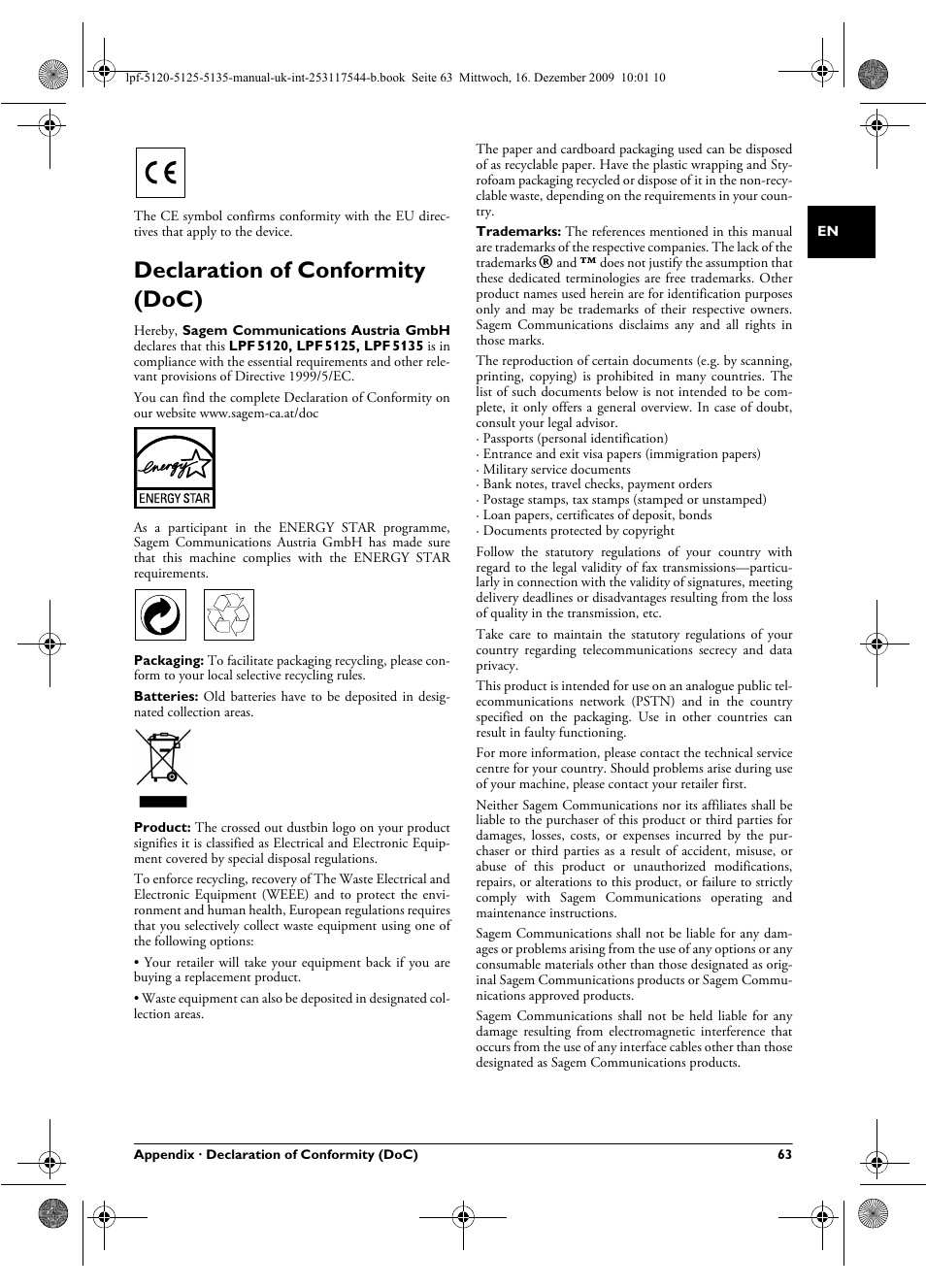 Declaration of conformity (doc) | Philips Laserfax LPF 5120 User Manual | Page 63 / 68