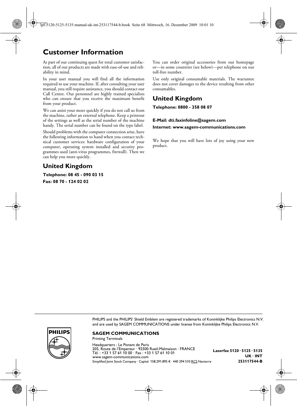 Customer information, United kingdom | Philips Laserfax LPF 5120 User Manual | Page 68 / 68