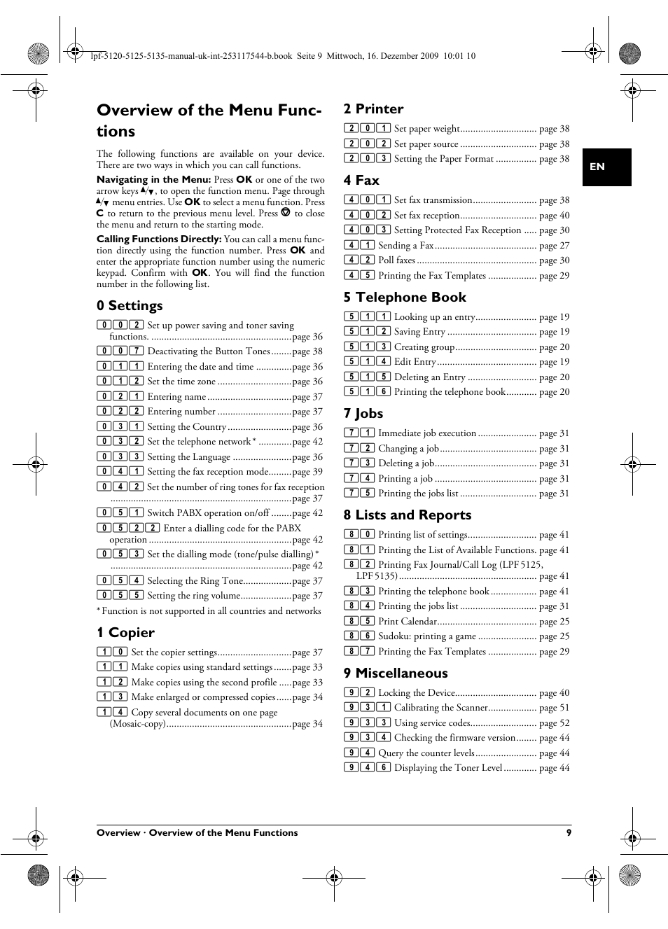 Overview of the menu functions, 0 settings, 1 copier | 2 printer, 4 fax, 5 telephone book, 7 jobs, 8 lists and reports, 9 miscellaneous, Overview of the menu func- tions | Philips Laserfax LPF 5120 User Manual | Page 9 / 68