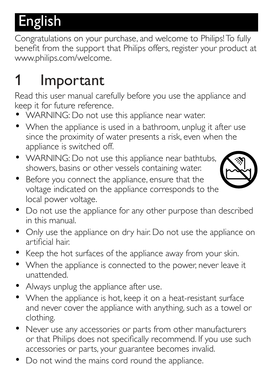 English, 1 important | Philips HP8331 User Manual | Page 2 / 5