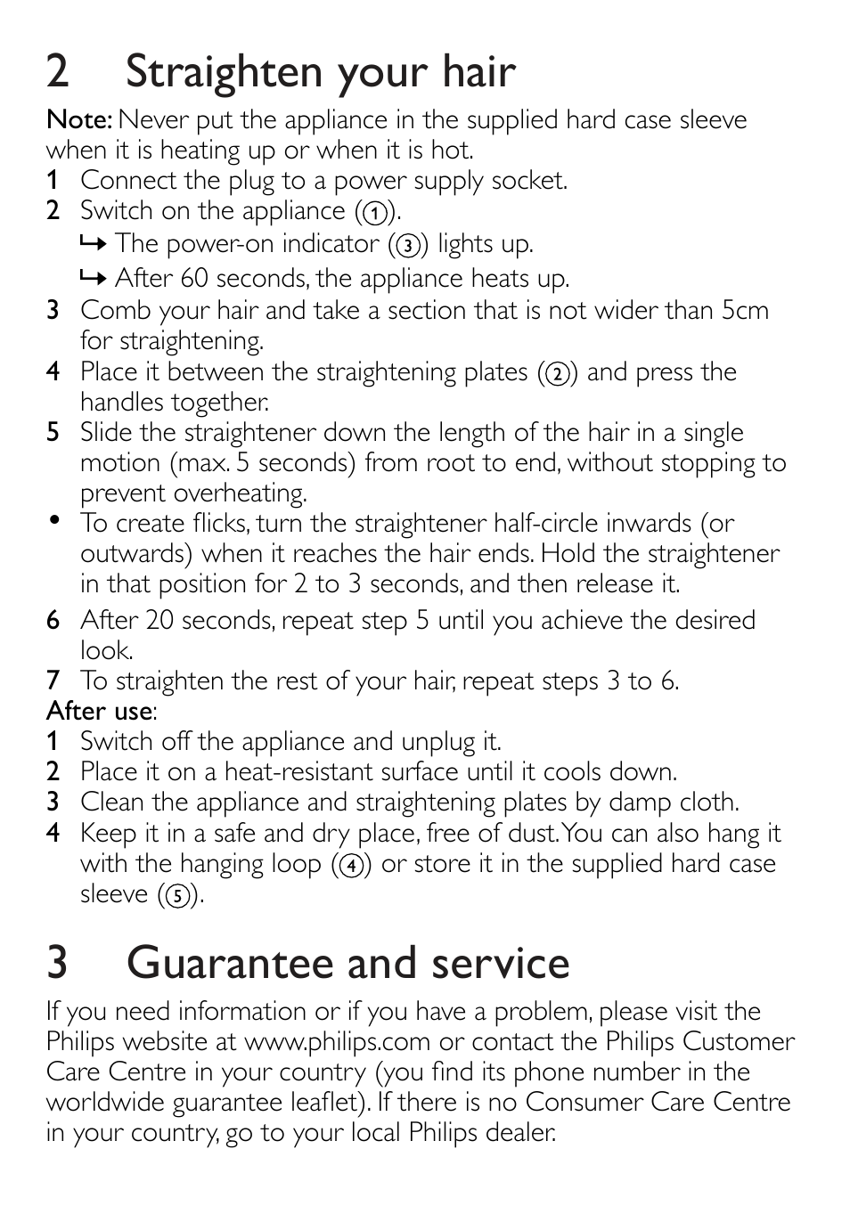 2 straighten your hair, 3 guarantee and service | Philips HP8331 User Manual | Page 4 / 5