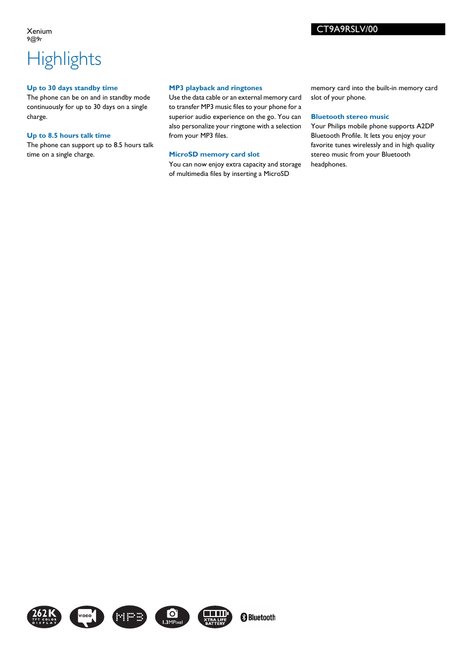 Highlights, Ct9a9rslv/00 | Philips Xenium CT9A9RSLV User Manual | Page 2 / 3