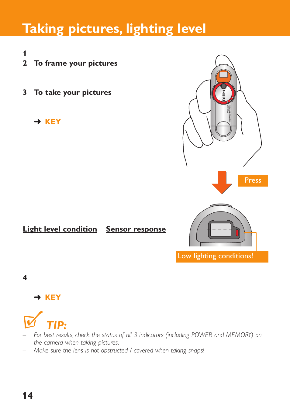 Taking pictures, lighting level | Philips KEY0079 User Manual | Page 14 / 23