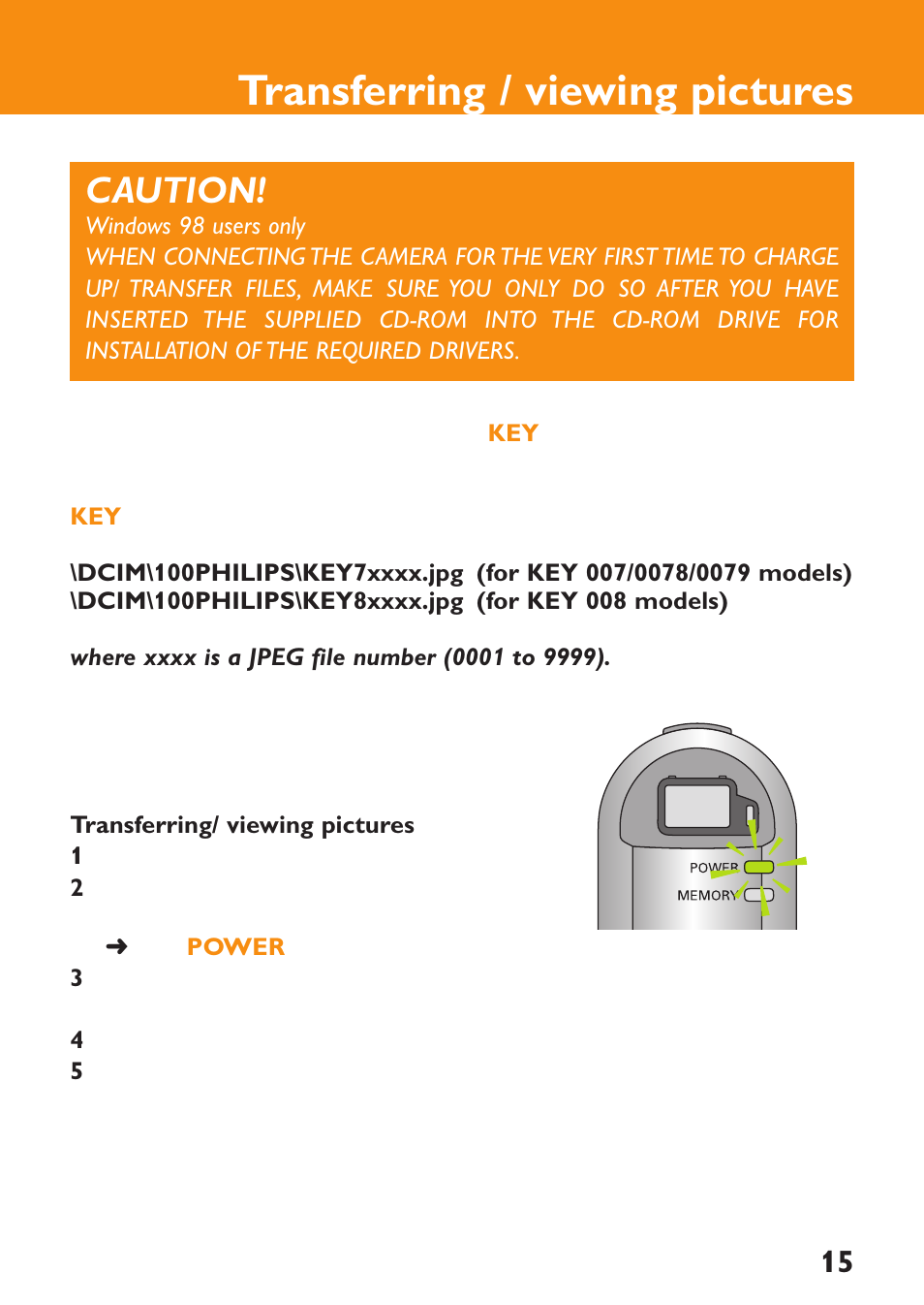 Transferring/ viewing pictures -18, Transferring / viewing pictures, Caution | Philips KEY0079 User Manual | Page 15 / 23