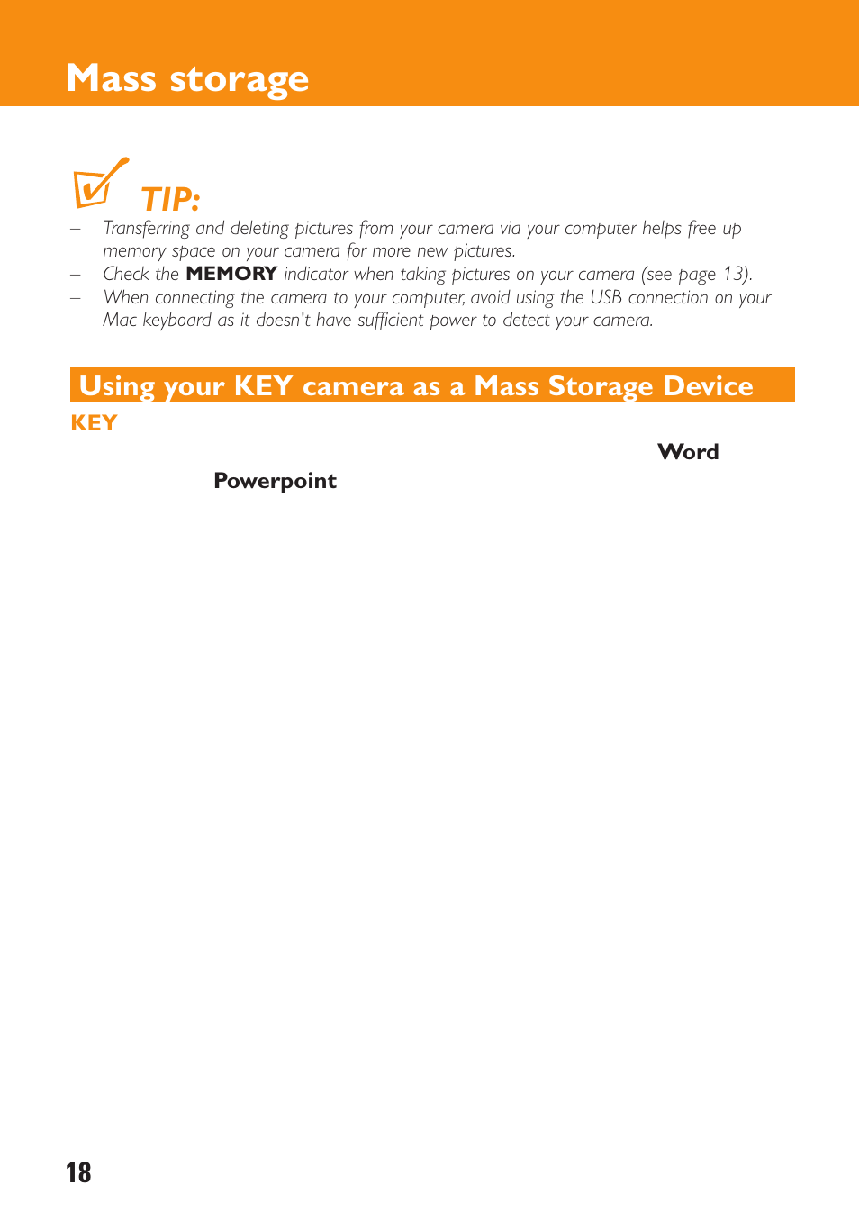 Mass storage, Using your key camera as a mass storage device | Philips KEY0079 User Manual | Page 18 / 23