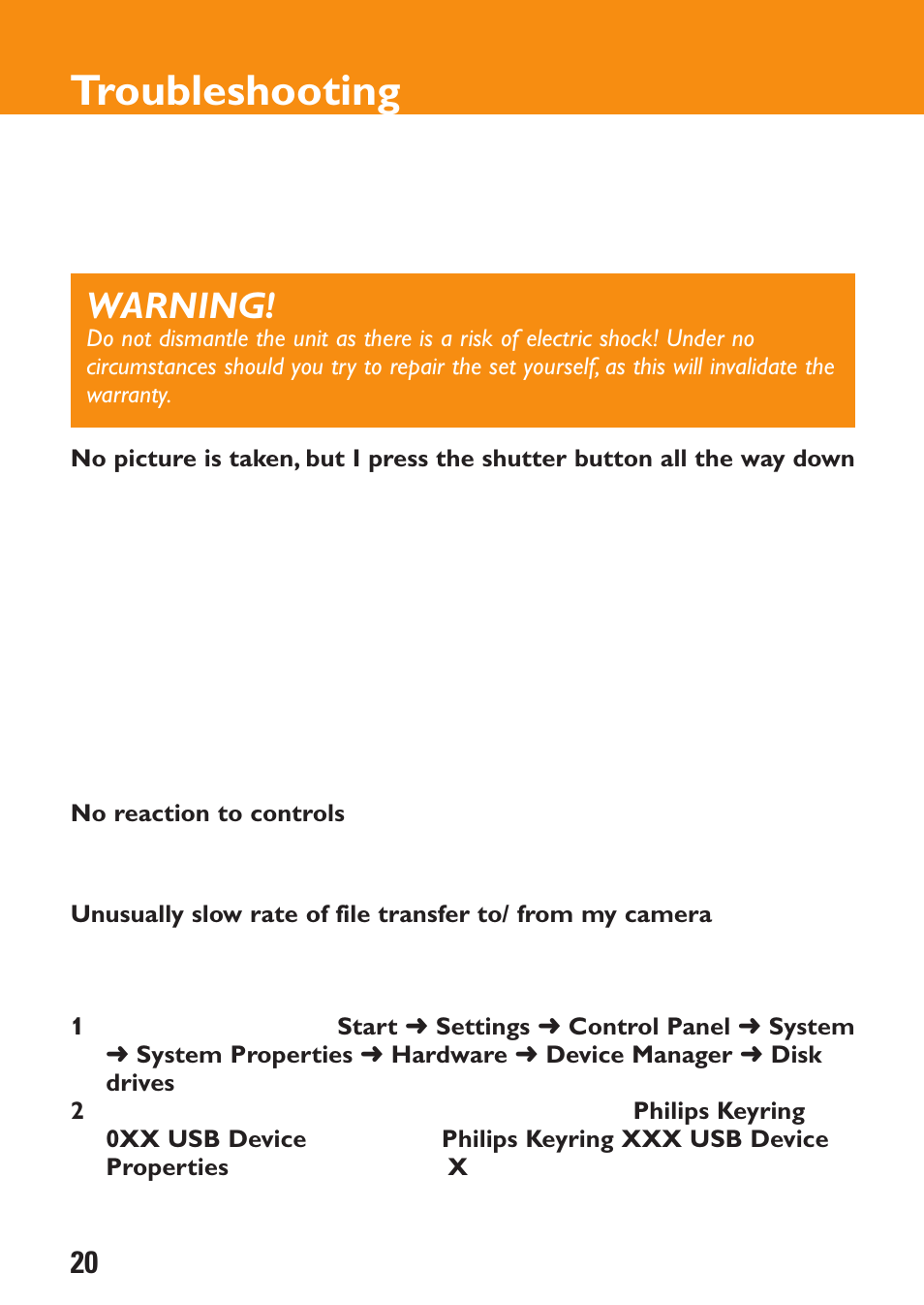 Troubleshooting -21, Troubleshooting, Warning | Philips KEY0079 User Manual | Page 20 / 23