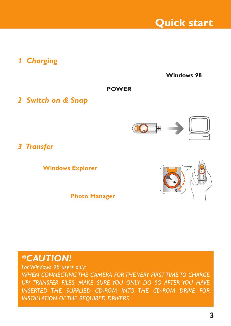 Quick start, Caution | Philips KEY0079 User Manual | Page 3 / 23