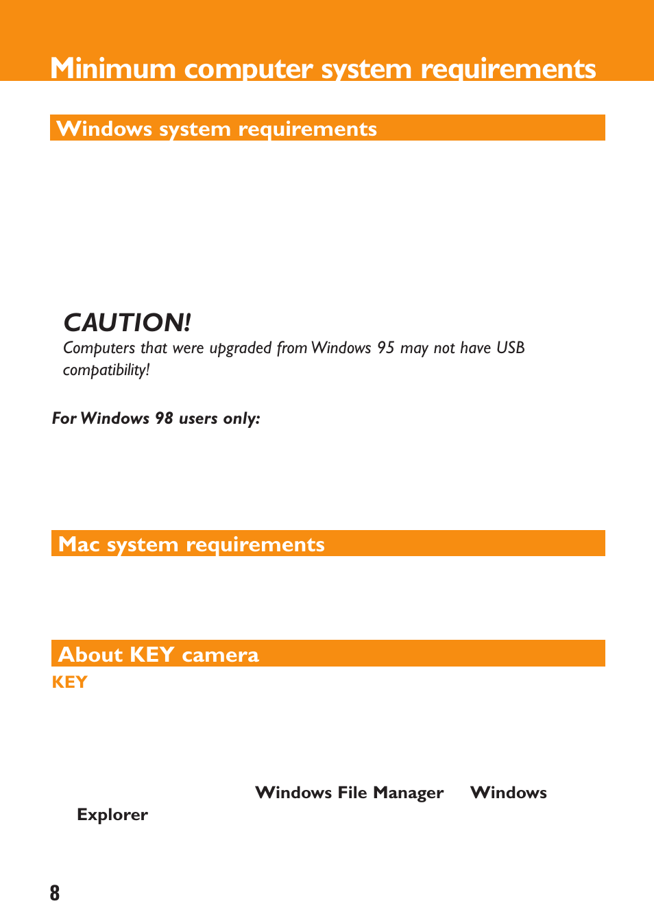 Minimum computer system requirements, About key camera, Caution | Philips KEY0079 User Manual | Page 8 / 23