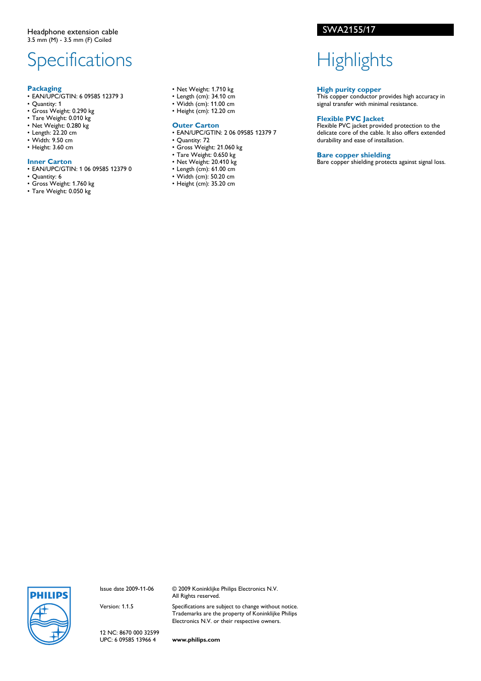 Specifications, Highlights | Philips SWA2155 User Manual | Page 2 / 2