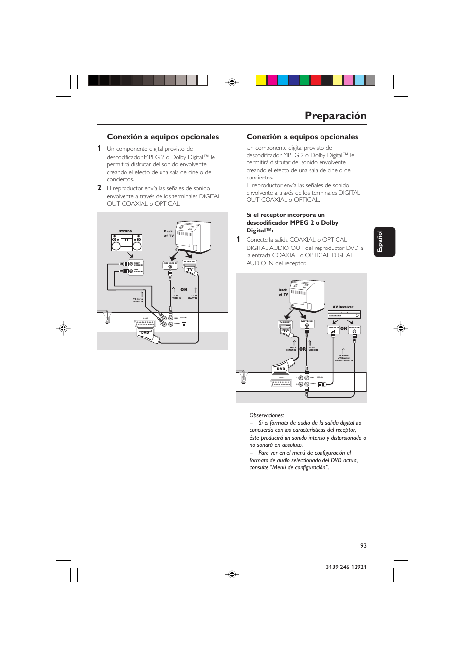 Preparación, Conexión a equipos opcionales 1, Conexión a equipos opcionales | Philips DVD 729 User Manual | Page 10 / 34